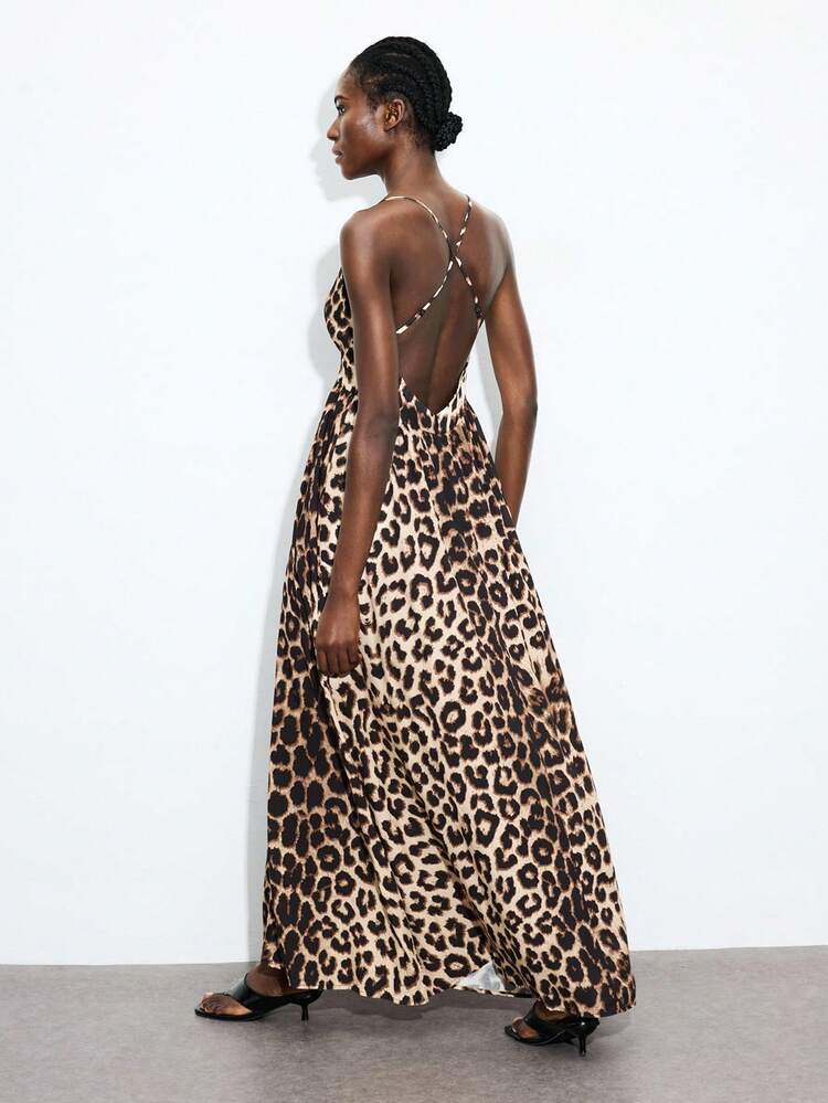 SHEIN Maija Leopard Print V-Neck Cinched Waist Maxi Dress With Oversized Skirt, Sleeveless Flowing Dress With Animal Pattern, Women's Night Out Outfit For Autumn/Winter,Halloween
