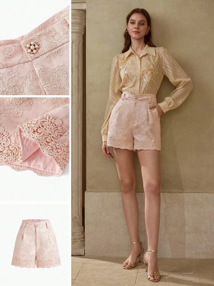 JACQUARD HIGH WAIST GUIPURE LACE TRIM SLANT POCKET FOLD PLEATED SHORTS