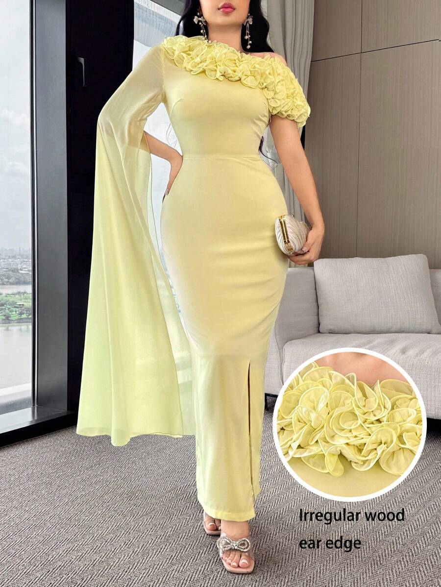 Feyla Women's Elegant Exaggerated Ruffle Asymmetrical Shoulder Split Dress