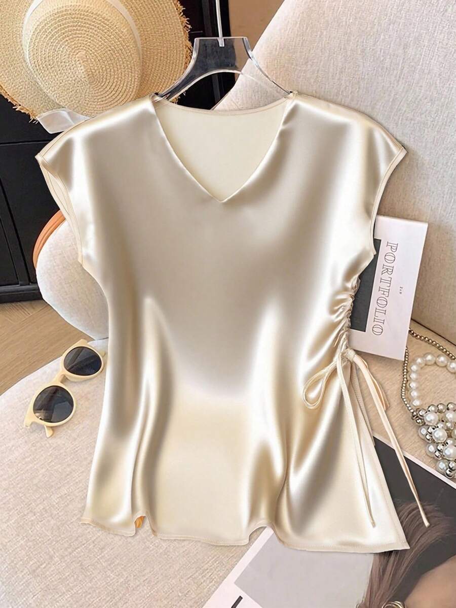GlowEve CURVE Blusa de cuello redondo ajustada con cordón de satén de unicolor elegante para tallas grandes - Albaricoque - Ver 1