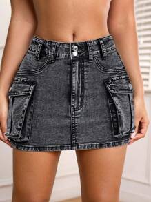 SHEIN PETITE 女式休闲水洗牛仔工装迷你裙，夏季 - 淺灰色 - 查看 4