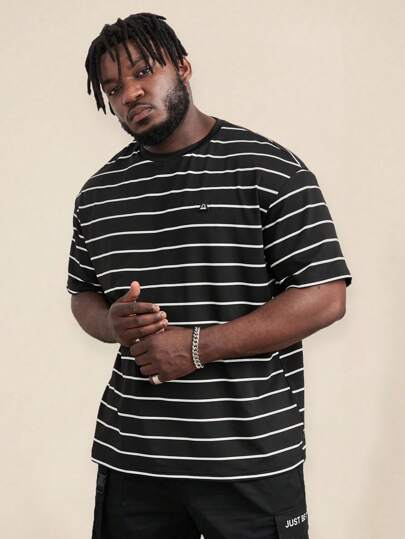 EASEVO Plus Size Men's Summer Casual Black & White Striped Plain Round Neck T-Shirt