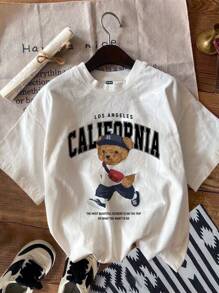 Manfinity Joysei Men White Knit Round Neck Short California Letter Graphic Sleeve T-Shirt, Boyfriend Gift, For Going Out