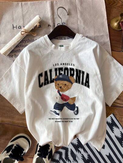 Manfinity Joysei Camiseta de cuello redondo blanca de punto con gráfico de la letra de California en la manga, regalo para novio, para salir