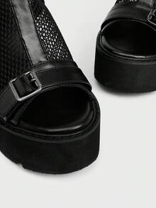 Sugerpunk 女式黑色厚底凉鞋，露趾粗高跟踝带拉链后罗马鞋，橡胶鞋底 | 多功能四季休闲鞋 - 黑色 - 查看 3