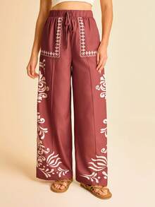CAJUNI Pantalones holgados con bolsillo en la cintura con estampado de tótem Elastic, adecuados para vacaciones, citas, fiestas, playas, verano - Multicolor - Ver 3