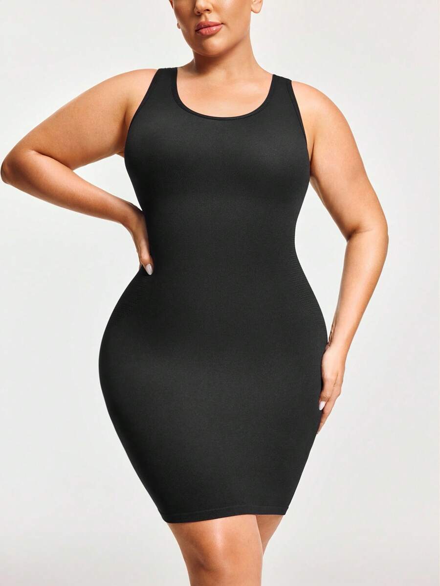 SHAPORA 1pc Plus Size Seamless Comfortable Shaping Slip Dress - Black - View 1