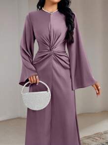 Veilorie Women Elegant Solid Color Twist Waist Flare Sleeve Arabic Style Dress, Autumn Long Evening Dresses, Modest