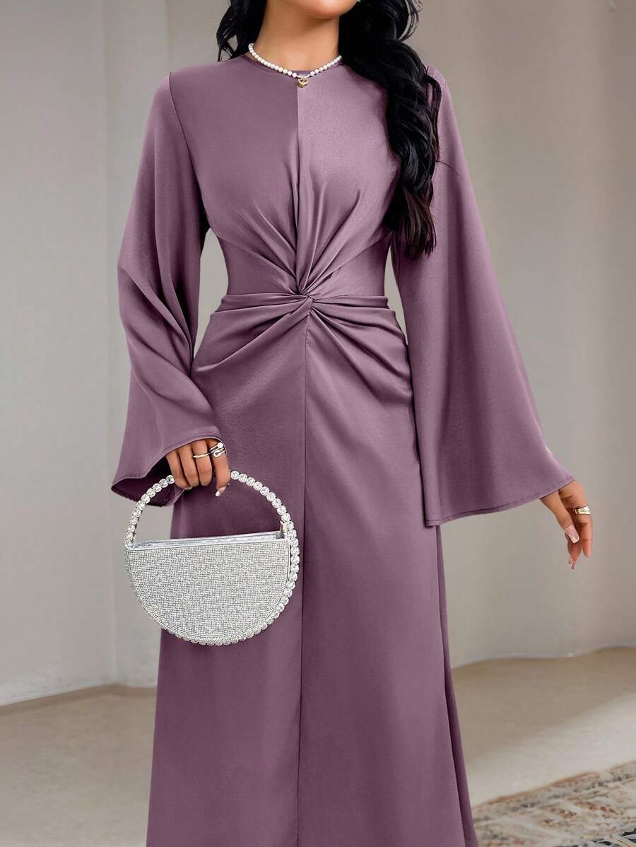 Veilorie Women Elegant Solid Color Twist Waist Flare Sleeve Arabic Style Dress, Autumn Long Evening Dresses, Modest