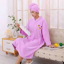 SHEIN Phụ nữ mặc áo choàng tắm có thể mặc váy tắm dài tay ren chéo bằng vải san hô dày kèm khăn tắm, phù hợp cho phòng tắm/phòng ngủ/phòng khách - Nhiều màu - Xem 4