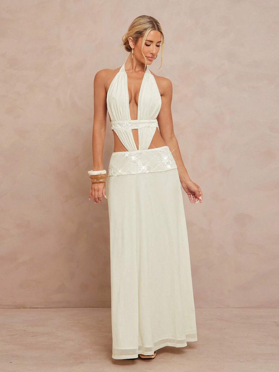 Lumalex 秋季节日派对狂欢节郊游夏季假期优雅复活节波西米亚风海滩热门户外丰富层次婚礼季节宴会成人仪式海滩海滨刺绣装饰露背褶皱连衣裙女士白色派对女士奶油色优雅 - 白色 - 查看 1