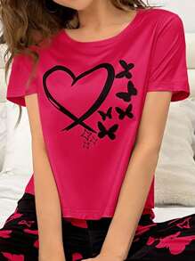 SHEIN 1 pièce Top de pyjama décontracté à manches courtes avec imprimé papillon et cœur pour femme