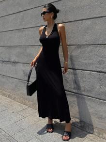 DAZY Đầm Maxi Ôm Body Halter Chain Hở Lưng Cinched Eo Phong Cách Đường Phố Thường Ngày Cho Nữ, Mùa Thu - màu đen - Xem 4