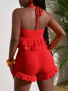 Slaydiva 2025 新款春夏大码女装复古西部/热带/音乐节/俱乐部/公路旅行/休闲/城市度假/毕业约会/优雅度假 2 件套：纹理露背系带荷叶边短款上衣和配套荷叶边下摆短裤 - 紅色 - 查看 2