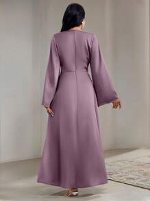Veilorie Women Elegant Solid Color Twist Waist Flare Sleeve Arabic Style Dress, Autumn Long Evening Dresses, Modest