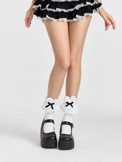 Kawaii 1 Pair Cute Fluffy Rabbit Ear Black Bow Accent Mid-Calf Socks, Multilayer Lace Trim Breathable Short Socks, Sweet Style Daily Versatile JK School Uniform Socks For Women