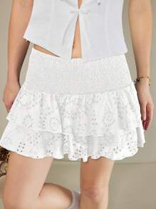 Muvela Women's Vacation Waist Drawstring Embroidered Ruffle Hem Short Skirt, Ruffle Layered Mini Skirt, Summer - White - View 7