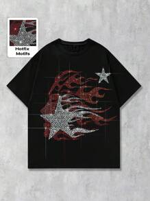ROMWE MEN Street Life Camiseta de manga corta de verano para hombre con estrella de cinco puntas y adornos de strass, de uso casual en la calle