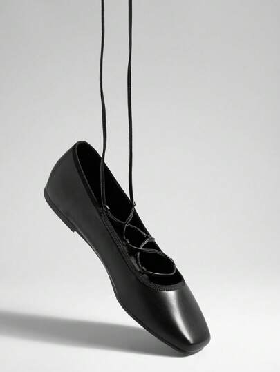 SHUZIA 魅力女士黑色 PU 踝带芭蕾平底鞋舒适一脚蹬休闲办公室度假鞋清凉氛围