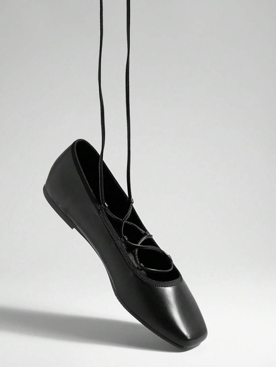 SHUZIA 魅力女士黑色 PU 踝带芭蕾平底鞋舒适一脚蹬休闲办公室度假鞋清凉氛围 - 黑色 - 查看 1