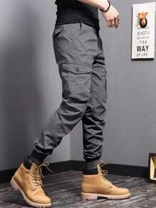 Manfinity Homme 男士休闲纯色工装裤 男士灰色工装裤 男士工装慢跑裤 男士工装裤 男士慢跑裤 灰色慢跑裤，秋季