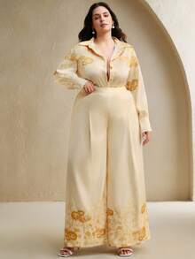 Anewsta 女士优雅日常休闲装，宽松黄色印花长袖开襟衬衫和阔腿裤套装，适合婚礼派对 - 黃色 - 查看 6