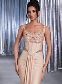 Glamrae Váy đuôi cá xếp nếp dệt kim co giãn đính hạt sequin lấp lánh sang trọng thanh lịch, thích hợp cho đám cưới, tiệc cocktail, ngày lễ, dạ hội, váy dạ hội (được tô điểm nhiều) - Màu be - Xem 5