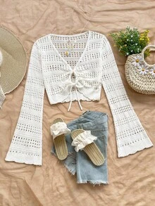 Soleia 休闲度假西部海滩婚礼宾客服装、毕业早午餐、圣帕特里克节春假复活节音乐节优雅波西米亚热带优雅抽绳系腰镂空女士毛衣女士蕾丝上衣波西米亚风上衣女士钩针衬衫 - 白色 - 查看 6