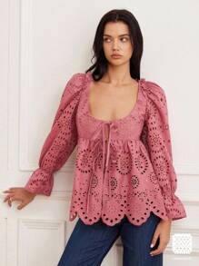 GENKIRA New Autumn Heavy Embroidery Beer Festival Brick Red Embroidery Deep Round Square Collar Tie Long Sleeve Shirt Fall Cloth For Women - Dusty Pink - View 1