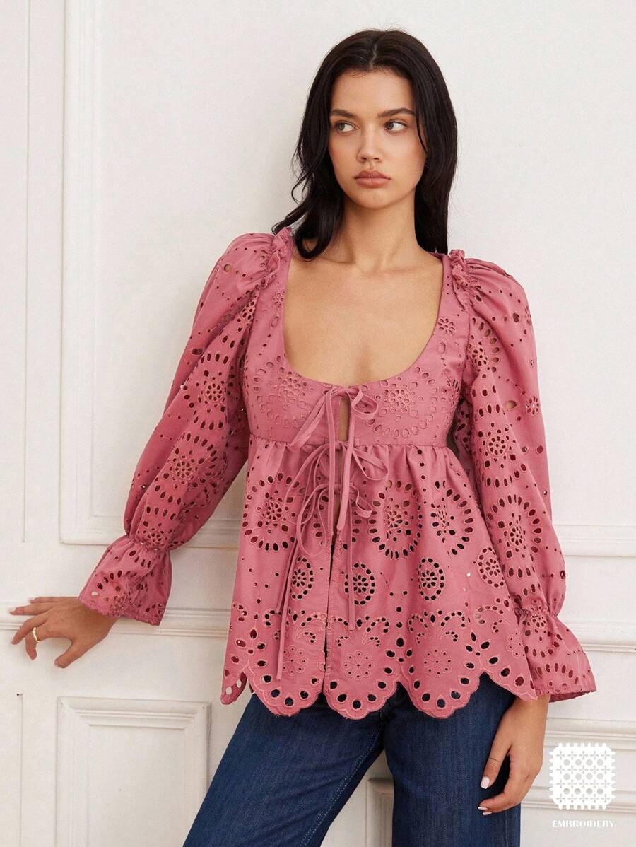 GENKIRA New Autumn Heavy Embroidery Beer Festival Brick Red Embroidery Deep Round Square Collar Tie Long Sleeve Shirt Fall Cloth For Women - Dusty Pink - View 1