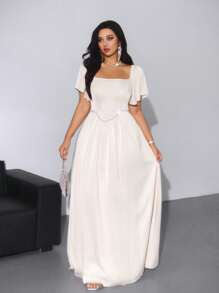 Lyrianda 大码女式春夏翻领、荷叶边袖、仿珍珠装饰、A 字腰 Charmeuse 长裙，优雅复古，适合聚会、节日、派对、婚礼