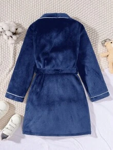 SHEIN ملابس منزلية محبوكة مبطنة بالحرارة ذات لون أحادي للفتيان المراهقين - أزرق بحري - مشاهدة 2