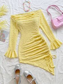 Soleia Damen Urlaubs-Minikleid aus strukturiertem Strickstoff mit Rüschen, Off-Shoulder und ausgestellten Ärmeln, figurbetont, Boho, romantischer Blumenmuster, Urlaub, Blumen Muster