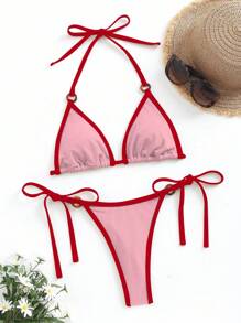 SHEIN Swim 女士夏季度假海滩撞色装饰吊带比基尼套装 - 粉色 - 查看 1