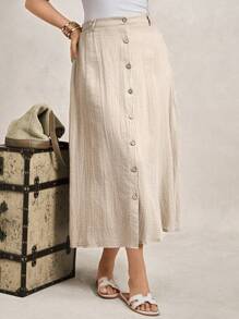 Zelara Váy dài vừa phải cài nút màu mơ thường ngày cỡ lớn dành cho nữ, chất liệu cotton thoải mái cho mùa thu - Màu be - Xem 6