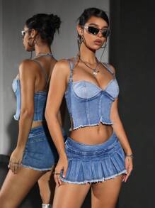 Jeanoix Top curto jeans feminino de cor sólida, justo, com decote halter e franjas