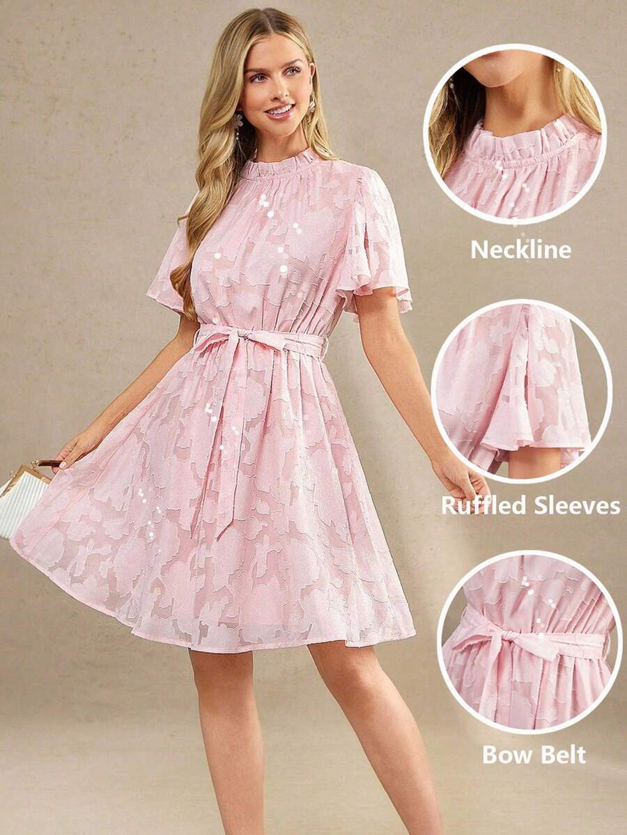 Amorya 女士全身印花系带短袖连衣裙校服演唱会服装教师服女士夏季连衣裙婚礼宾客礼服女士度假服装女士粉色连衣裙女士生日服装