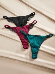 LuxeNights Elegant French Contrast Color Sexy Seamless Thong (Satin + Lace) - Multicolor - View 5