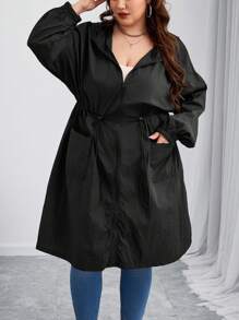 SHEIN CURVE+ Curves Plus Size/Chool Clothes/Back To School Clothes /Back To SchoolPlus Size Women Black Gathered Waist Long Trench Coat, Autumn/Winter Fall