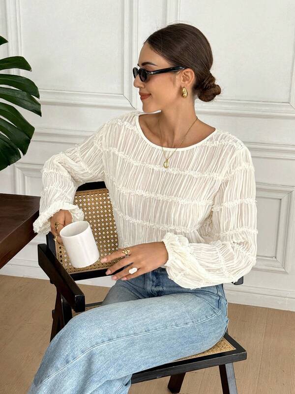 Serisse Women's Solid Color Round Neck Lantern Sleeve Pleated Fashion Blouse,French Retro Round Neck Ruched Blouse" Long Sleeve Chiffon Loose Ruffled Top,Chic Autumn, Fall Clothes For Women,Chic Blouses For Women, White Long Sleeve Blouse, Eyelet Top For Women,Women's Elegant Chiffon Lace Patchwork Apricot Blouse Tops For Women Fall/Winter Tops White Top,Graduation,Teacher Outfits For Women,Back To School,Elegant Women's Blouses,B2 Casual Spring