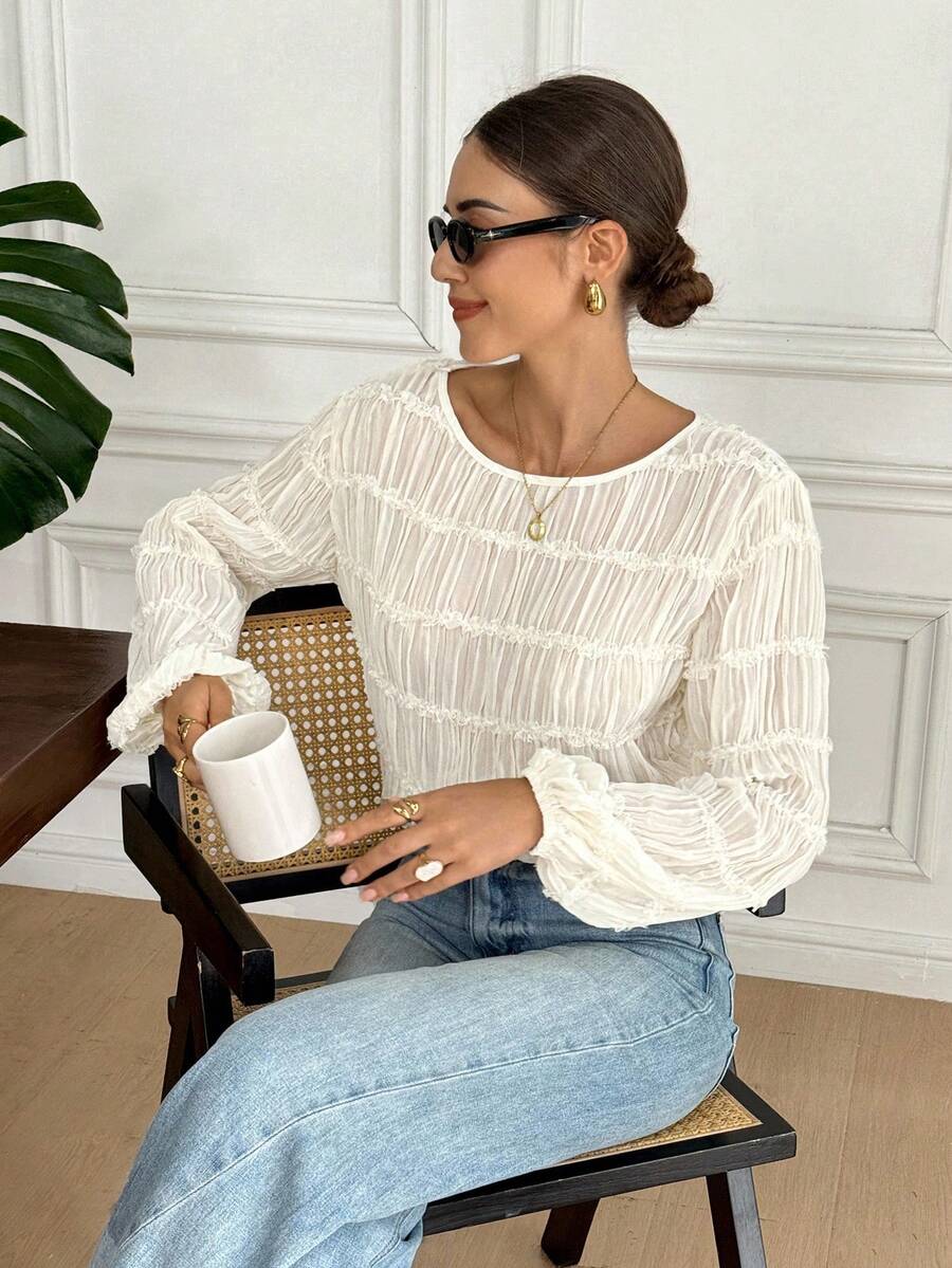 Serisse Áo kiểu nữ màu trơn cổ tròn tay phồng xếp ly, áo kiểu Pháp cổ tròn nhún bèo, áo voan dài tay dáng rộng xếp nếp, thanh lịch mùa thu, áo kiểu nữ sang trọng, áo sơ mi dài tay màu trắng, áo kiểu thêu lỗ cho nữ, áo voan chiffon phối ren màu mơ thanh lịch cho nữ mùa thu/đông, áo trắng, áo tốt nghiệp, áo giáo viên, áo đi học, áo kiểu nữ thanh lịch, B2 phong cách thường ngày mùa xuân - Màu be - Xem 1