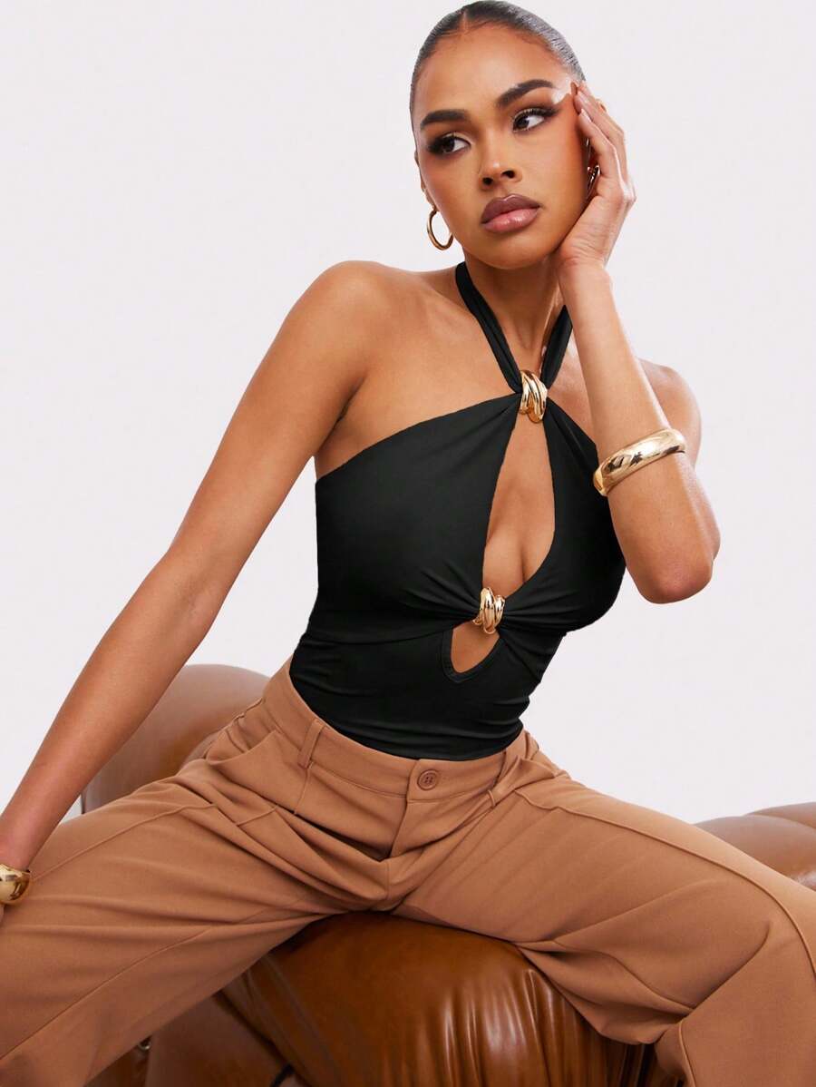 Hauture Body de oficina sexy casual simple doble dorado con adorno, para salir