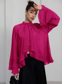 GENKIRA Luxury Purple Chiffon Ruffle Hem Layered Elegant Women Blouse, High-End Design Fall Cloth For Women - Pink - View 3