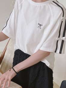 DAZY Women Ribbon Bow Embroidery Loose Short Sleeve T-Shirt Oversized T-Shirt - White - View 2