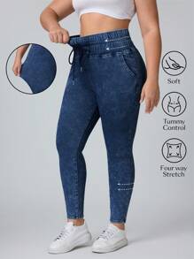 SHEIN PETITE Jeans de talle alto, lavados y de corte slim para mujer - Azul - Ver 8