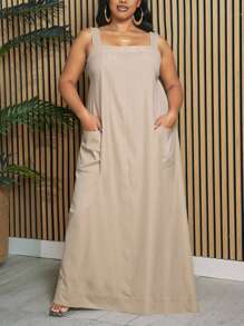 Slaydiva 2025 新款春夏女装大码秋季/返校/开学服装/Y2K/工作/办公室/户外服装/机场服装/毕业约会/优雅度假/街头风格女士度假服装宽松卡其色吊带带口袋，大码廓形A摆长裙 - 卡其色 - 查看 4