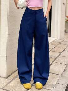 Chiquease Navy Wide Leg Pants, Minimalist Design, Fashion Versatile Fall Cloth For Women - Navy Blue - View 1