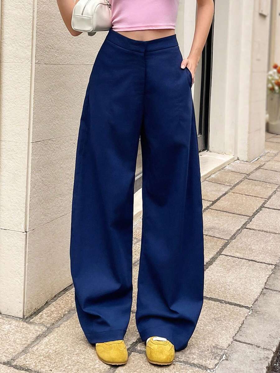 Chiquease Navy Wide Leg Pants, Minimalist Design, Fashion Versatile Fall Cloth For Women - Navy Blue - View 1