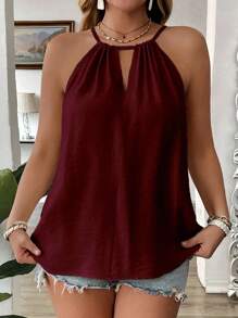 EMERY ROSE 加大码时尚勃艮第色颈带休闲宽松迷人无袖吊带背心，细肩带设计，优雅女士风格 - 酒紅色 - 查看 6