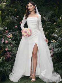 Coutiva Women's Plain Color Long Sleeve Casual Minimalist Wedding Dress, Suitable For Daily Wear,Women's Spring And Summer Fashion Party Party Date Holiday Wedding Celebrity Dress Dress, Fashionable Waist And Large Skirt,Bride